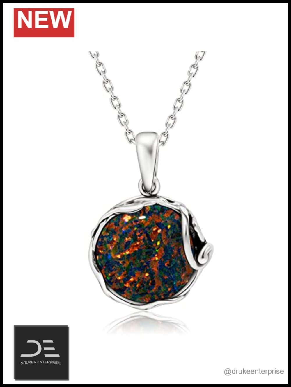 925 Sterling Silver Black Opal Pendant Necklace Women Gothic October Birthstone